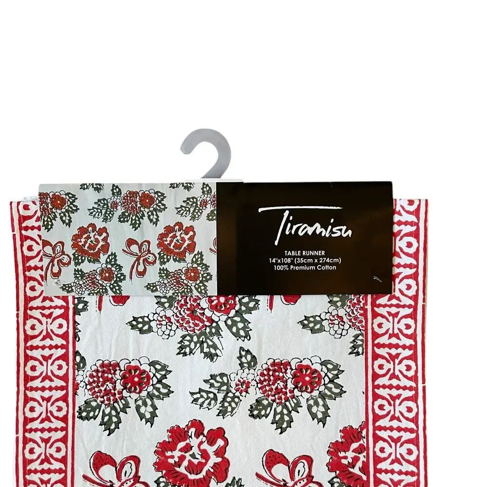 Tiramisu Block Print Cotton Table Runner 14x108 Pink & Red Floral Butterfly NEW